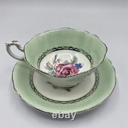 Paragon Floating Large Pink Rose Teal Enamel Dots Mint Green Tea Cup+Saucer RARE