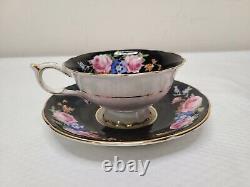 Paragon Pink Rose On Black Colorway Double Warrant 1940s Rare Cup & Saucer Set