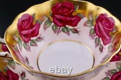 Paragon Vintage Rare Pink 14 Red Cabbage Roses Tea Cup And Saucer Gold Trim Rare