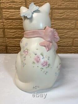 Pfaltzgraff Tea Rose White Cat with Blue Butterfly Cookie Jar Pink Flowers-RARE