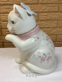 Pfaltzgraff Tea Rose White Cat with Blue Butterfly Cookie Jar Pink Flowers-RARE
