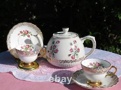 Pink & Gold ROSES English Tea Set Teapot teacups saucers plates Vintage EUC RARE