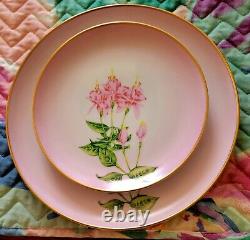 Pink Orchid Botanical Floral 17 Pc Dinner Salad Plates Set for 8 Gold Trim Rare