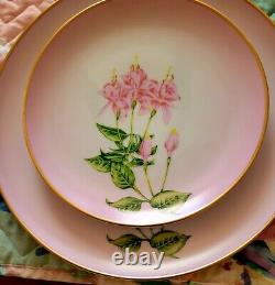 Pink Orchid Botanical Floral 17 Pc Dinner Salad Plates Set for 8 Gold Trim Rare