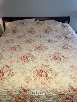 Pottery Barn Cabbage Rose Pink/Red Floral Cotton King Reversible quilt RARE