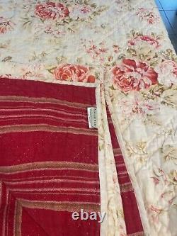 Pottery Barn Cabbage Rose Pink/Red Floral Cotton King Reversible quilt RARE