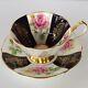 Queen Anne Tea Cup And Saucer Gilt Black Panel Pink Roses 5528 Rare Find