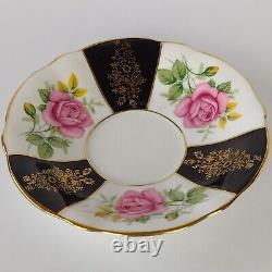 Queen Anne Tea Cup and Saucer Gilt Black Panel Pink Roses 5528 Rare Find