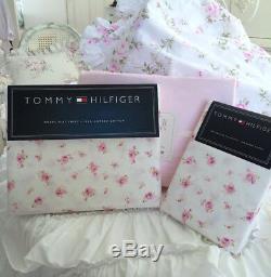 Queen Pink Roses Rosebuds Sheet Set Rare Tommy Hilfiger Shabby Cottage Chic