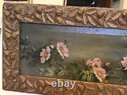 RARE19c PINK WILD ROSES OIL PAINTING + Carved Strawberry Berry Wood FrameGrant
