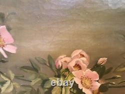 RARE19c PINK WILD ROSES OIL PAINTING + Carved Strawberry Berry Wood FrameGrant