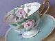 Rare 1940's Artist Signed Pink Rose Blue Bone China Tea Cup Teacup And Saucer