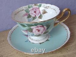 RARE 1940's artist signed pink rose blue bone china tea cup teacup and saucer