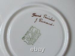 RARE 1940's artist signed pink rose blue bone china tea cup teacup and saucer