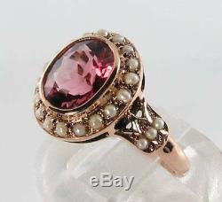 RARE 9CT ROSE GOLD 9mm x 7mm AAA PINK TOURMALINE & PEARL VINTAGE INS RING