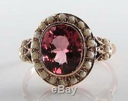 RARE 9CT ROSE GOLD 9mm x 7mm AAA PINK TOURMALINE & PEARL VINTAGE INS RING