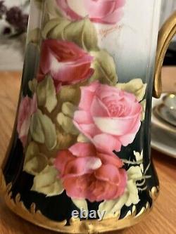 RARE ANTIQUE T&V Limoges France 1892 pink cabbage roses 15 1/2 PITCHER TANKARD