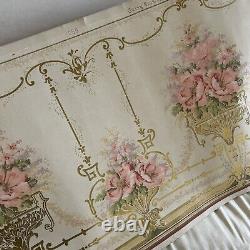 RARE Antique 1800's Wallpaper Pink Roses Bouquets Gilt EARLY 76x19 Carey Bros