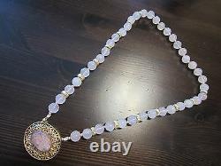 RARE Antique Chinese Royal Carved Rose Pink Quartz 10K Gold Over Silver Necklace
