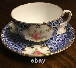 RARE Antique Coalport Tea Cup & Saucer Blue & White Pink Roses Gold Gilt Lovely