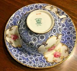 RARE Antique Coalport Tea Cup & Saucer Blue & White Pink Roses Gold Gilt Lovely
