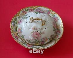 RARE Antique HAVILAND LIMOGES Covered Pancake Dish Pink Blue Rose Lavish GOLD