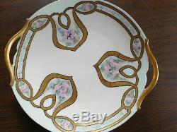 RARE Antique Limoges France T&V Handled Cake Plate Art Nouveau Pink Roses MINT