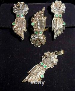 RARE Antique Rose-Cut Diamonds Emeralds Yellow Gold Silver Pendant Earrings Ring