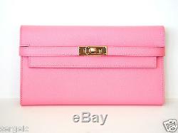 RARE Authentic NEW Hermes Kelly Long Wallet PINK Rose Confetti Epsom GHW Clutch