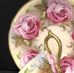 RARE Aynsley 13 Large Cabbage Pink Roses Heavy Gold Tea Cup & Saucer Set
