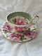 Rare Aynsley 8 Pink Cabbage Roses Teacup And Saucer- Excellent-celadon Green