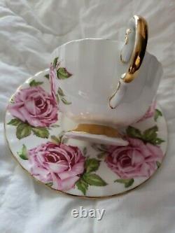 RARE Aynsley 8 Pink Cabbage Roses Teacup and Saucer- EXCELLENT-CELADON GREEN