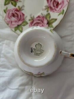 RARE Aynsley 8 Pink Cabbage Roses Teacup and Saucer- EXCELLENT-CELADON GREEN