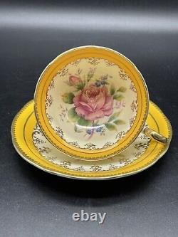 RARE Aynsley Bone China Teacup & Saucer Yellow Gold Gild Pink Cabage Rose Flower
