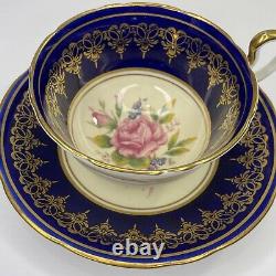 RARE Aynsley Cabbage Rose Teacup and Saucer COBALT BLUE with PINK ROSE