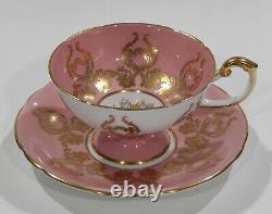 RARE Aynsley signed BAILEY ROSE & POPPY Pedestal CUP & SAUCER Pink Colorway MINT