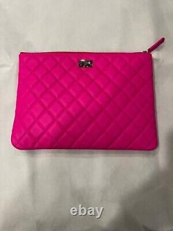 RARE CHANEL Fluorescent Rose Hot Pink & Red Quilted O Case White Metal Hardware