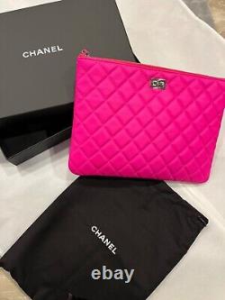 RARE CHANEL Fluorescent Rose Hot Pink & Red Quilted O Case White Metal Hardware