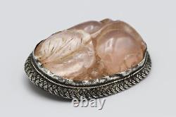 RARE Chinese Export Carved Rose Quartz Brooch, Antique 1900s Asian Jewelry, 925
