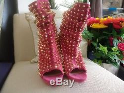 RARE Christian Louboutin Pink Rose Gold Spike Guerilla Boots Booties Heels 8 38
