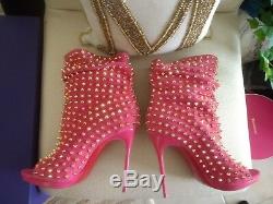 RARE Christian Louboutin Pink Rose Gold Spike Guerilla Boots Booties Heels 8 38