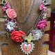 Rare Find Betsey Johnson Vintage Rose Garden Pink Bird Multi-rhinestone Necklace