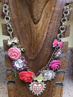 RARE Find Betsey Johnson Vintage Rose Garden Pink Bird Multi-Rhinestone Necklace