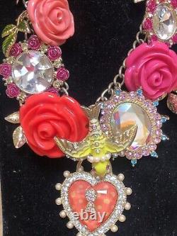 RARE Find Betsey Johnson Vintage Rose Garden Pink Bird Multi-Rhinestone Necklace