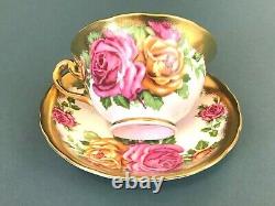 RARE Grosvenor Jackson Gosling Large Pink Roses Tea Cup & Saucer Heavy Gold Trim