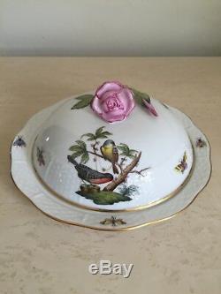 RARE HEREND ROTHSCHILD BIRD Round Covered Dish Plate ROSE Finial 75 RO Excellent