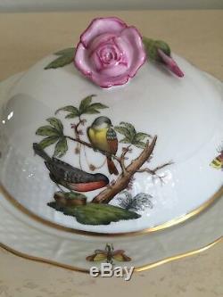 RARE HEREND ROTHSCHILD BIRD Round Covered Dish Plate ROSE Finial 75 RO Excellent