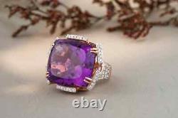 RARE & HUGE 25 Ct Cushion Cut Purple Amethyst Solitaire Ring in 14k Rose Gold FN
