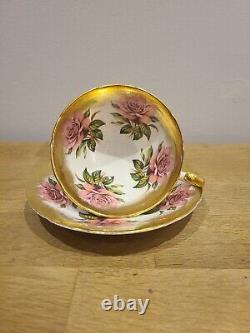 RARE MINT condition Paragon pink and gold cabbage rose teacup and saucer
