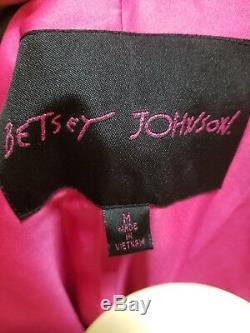 RARE NEW Betsey Johnson Black Pink Rose Rain Jacket Coat Black Bow Women's M